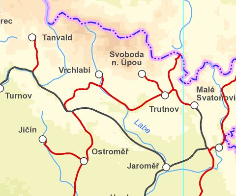 Mapa rozvoje železničního podnikání v českých zemích po roce 1866, v době velké hospodářské konjunktury.